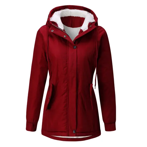 Women Winter Warm Parka Coat Fleece Lined Hooded Padded Jacket Artificial Fur Collar Casual Thick Windproof Outerwear Mid-Length