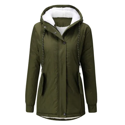 Women Winter Warm Parka Coat Fleece Lined Hooded Padded Jacket Artificial Fur Collar Casual Thick Windproof Outerwear Mid-Length