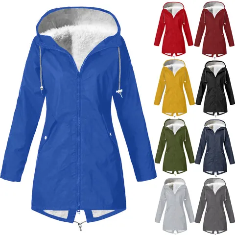 Women Plus Size Hiking Jacket Waterproof Hooded Fleece Lined Warm Outdoor Windbreaker Long Sleeve Solid Jacket For Camping