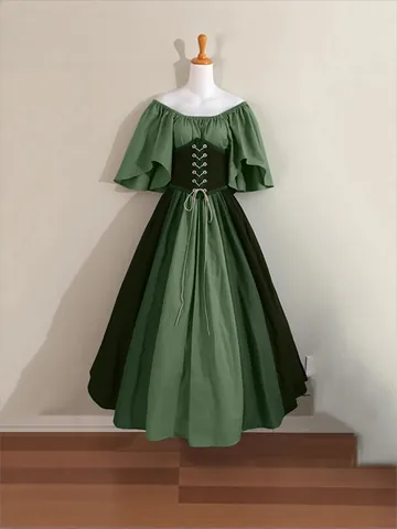 Women Medieval Renaissance Retro Off Shoulder Patchwork Dress Flare Sleeve Lace Up Corset Swing Maxi Costume Halloween Cosplay