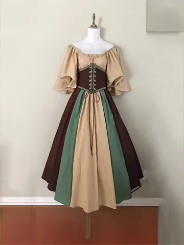 Women Medieval Renaissance Retro Off Shoulder Patchwork Dress Flare Sleeve Lace Up Corset Swing Maxi Costume Halloween Cosplay