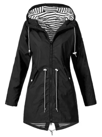 Women Lightweight Hooded Windbreaker Waterproof Rain Jacket Outdoor Mid-Long Coat With Striped Lining Drawstring Waist Top