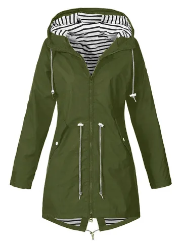 Women's Mid-Length Waterproof Hooded Outdoor Jacket Drawstring Waist Striped Lining Lightweight Raincoat Windbreaker