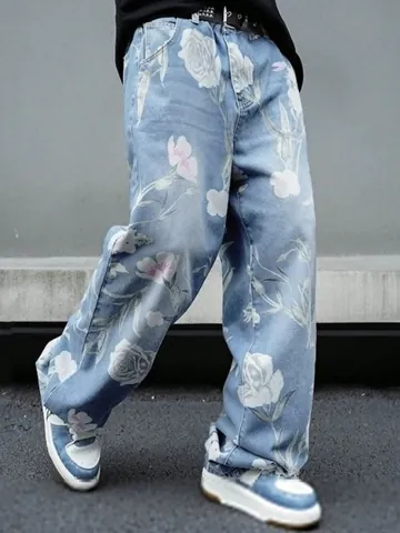 Men's High Street Rose Floral Print Jeans Oversized Loose Wide Leg Straight Denim Pants Baggy Streetwear Cotton Trousers