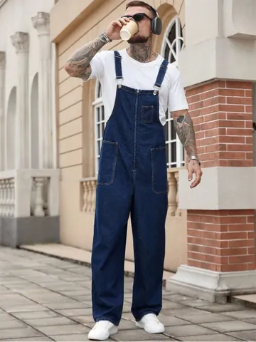 Herren High Street Denim Latzhose Amerikanische Arbeitskleidung Multi-Pocket Jumpsuit Gewaschene Gerade Bein Latzhose Mode Lässige Hose
