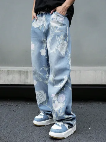 Men's High Street Rose Floral Print Jeans Oversized Loose Wide Leg Straight Denim Pants Baggy Streetwear Cotton Trousers