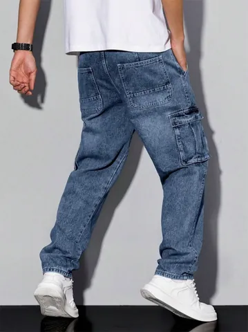 Men Straight Leg Cargo Jeans Washed Denim Pants With Pockets Casual High Street Fashion Loose Bottoms Multi Pockets Trousers