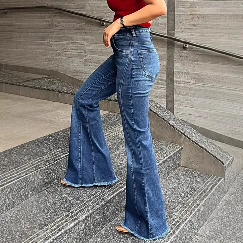 Women's High Waist Flare Jeans Cotton Blend Patchwork Denim Pants Slim Fit Washed Long Bell Bottom Trousers With Raw Hem