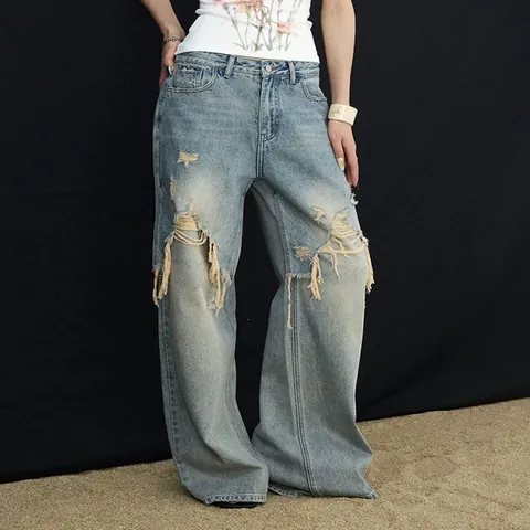 Jeans en Denim Déchiré High Street pour Femmes Vintage Délavé Patchwork Jambe Large Pantalon Droit Casual Streetwear Bleu Denim