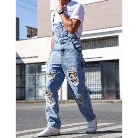 Men High Street Distressed Denim Overalls Cotton Straight Leg Ripped Jeans Jumpsuit With Adjustable Straps Blue Dungarees