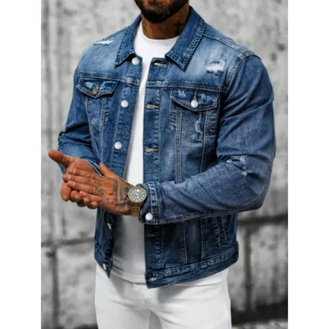 Men's Distressed Denim Jacket Slim Fit Ripped High Street Fashion Washed Blue Cotton Outerwear Casual Jean Coat Top