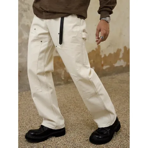 Men's High Street Distressed Denim Jeans American Retro Loose Straight Leg Cargo Pants Off-White Patchwork Baggy Trousers