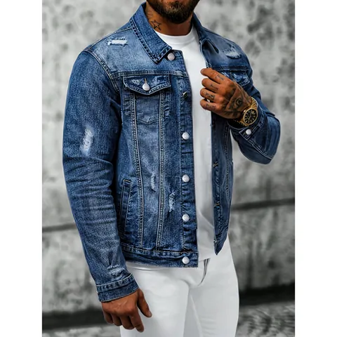 Men's Distressed Denim Jacket Slim Fit Ripped High Street Fashion Washed Blue Cotton Outerwear Casual Jean Coat Top