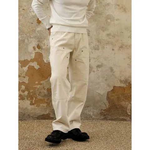 Men's High Street Distressed Denim Jeans American Retro Loose Straight Leg Cargo Pants Off-White Patchwork Baggy Trousers