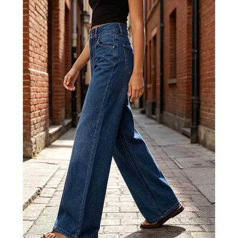 Women High Waist Patchwork Jeans American Retro Wide Leg Denim Pants Dark Blue Streetwear Casual Loose Straight Trousers
