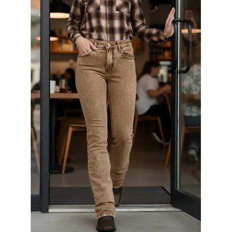Pantalon Évasé Vintage pour Femmes Taille Haute Coupe Slim Denim Délavé Kaki Streetwear High Street Casual Coton
