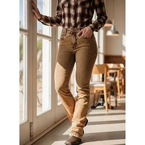 Pantalon Évasé Vintage pour Femmes Taille Haute Coupe Slim Denim Délavé Kaki Streetwear High Street Casual Coton