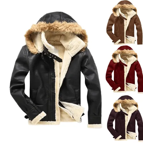 Men Winter Suede Faux Fur Jacket Hooded Thickened Warm Outerwear Casual Fashion Mid-length Zip Up Coat For Cold Weather