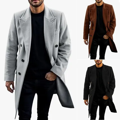 Men Long Woolen Overcoat Double Breasted Suit Collar Polyester Trench Coat Mid-Length Winter Outwear Thick Warm Coat For Men