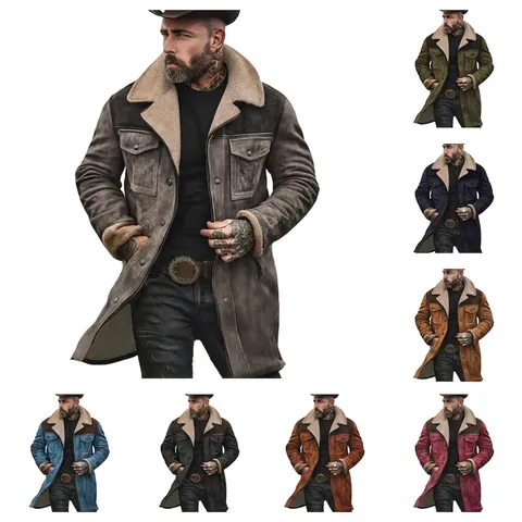 Men's Vintage Mid-Length Suede Overcoat Warm Sherpa Lined Color Clashing Padded Jacket European Style Workwear Outerwear Top