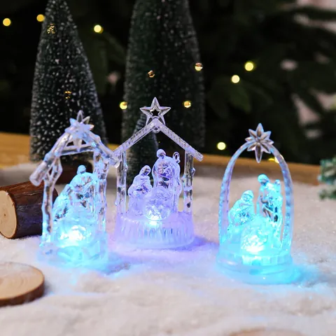 Nativity Scene Figurine Holy Family Manger Set Crystal Transparent LED Night Light Religious Christmas Desktop Decor
