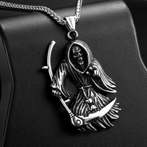 Gothic Stainless Steel Grim Reaper Scythe Skull Pendant Necklace For Men Vintage Punk Death God Charm Jewelry Accessory