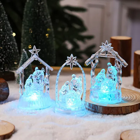 Nativity Scene Figurine Holy Family Manger Set Crystal Transparent LED Night Light Religious Christmas Desktop Decor