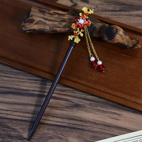 Ancient Style Tassel Hairpin For Women Wood Artificial Pearl Alloy Flower Hair Stick Step Shake Chinese Hanfu Cheongsam Hair Accessory