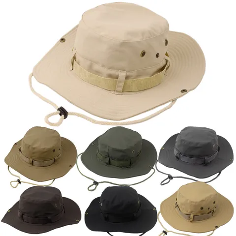 Men Outdoor Boonie Hat Wide Brim Sun Protection Bucket Hat Windproof Fishing Hiking Hunting Tactical Cap Polyester Accessory