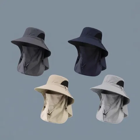 Men Outdoor Sun Hat Wide Brim UV Protection Fishing Hat With Face Mask Neck Cover Quick Dry Breathable Polyester Bucket Hat