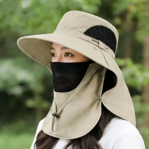 Men Outdoor Sun Hat Wide Brim UV Protection Fishing Hat With Face Mask Neck Cover Quick Dry Breathable Polyester Bucket Hat