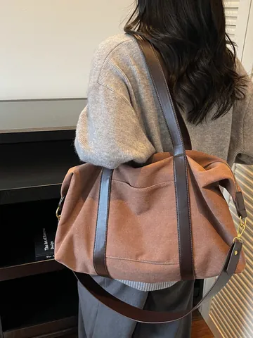 Vintage Canvas Travel Bag For Women Large Capacity Tote Bag Retro Patchwork Design Crossbody Shoulder Bag For Commuting Weekend