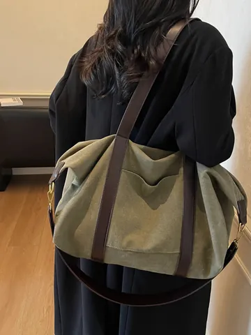 Vintage Canvas Travel Bag For Women Large Capacity Tote Bag Retro Patchwork Design Crossbody Shoulder Bag For Commuting Weekend