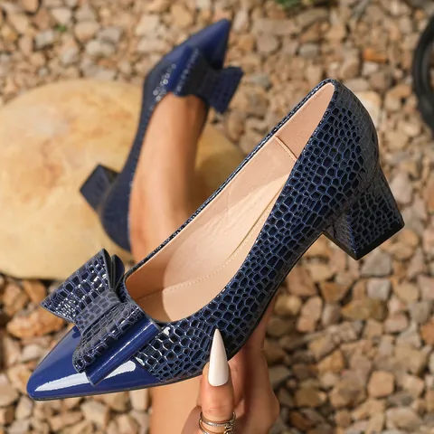 Elegant Crocodile Pattern Bowtie Women Pumps Pointed Toe Block Heel Slip-on Patent Leather High Heels For Daily Office Party
