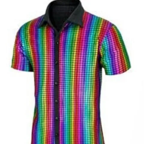 Men Retro 70s Disco Shirt Printed Short Sleeve Cotton Blend Button Down Top Casual Vintage Party Lapel Printed Shirt