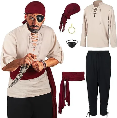 Costume de Pirate de la Renaissance pour Homme Tenue Médiévale Viking Avec Haut et Bas à Lacets Avec Accessoires pour Halloween Cosplay Fête