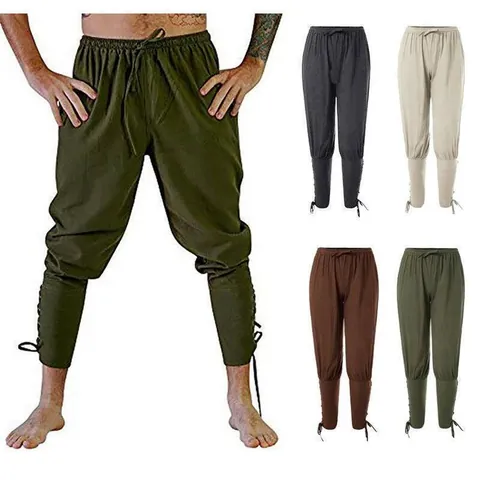 Men Casual Cotton Blend Loose Fit Drawstring Cuffed Pants Retro Medieval Renaissance Style Long Trousers With Pockets