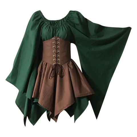 Renaissance Medieval Dress For Women Halloween Party Vintage Flare Sleeve Lace-up Corset Irregular Patchwork Midi Dress