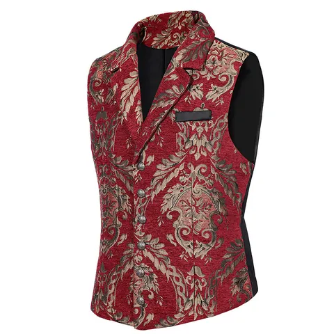 Men Vintage Jacquard Suit Vest Slim Fit Baroque Floral Damask Single Breasted Sleeveless Waistcoat Party Banquet Formal Top
