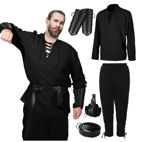 Renaissance Medieval Pirate Costume Set For Men Halloween Cosplay Lace Up Shirt Banded Ankle Pants Belt Bracers Outfit