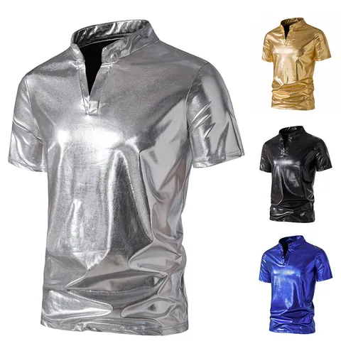 Herren Henley Ausschnitt Glänzend Metallisch T-Shirt Mode Slim Fit Nachtclub Party Bühne Kurzarm Glanzbeschichtung Top