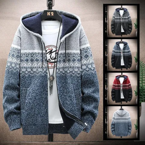 Men's Fleece Lined Knitted Jacket Hooded Cardigan Polyester Geometric Pattern Zip Up Casual Warm Top For Autumn Winter