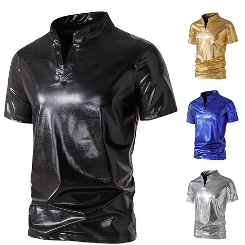 Herren Henley Ausschnitt Glänzend Metallisch T-Shirt Mode Slim Fit Nachtclub Party Bühne Kurzarm Glanzbeschichtung Top