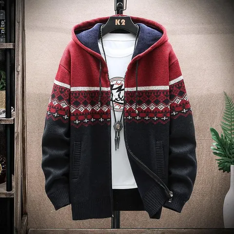 Men's Fleece Lined Knitted Jacket Hooded Cardigan Polyester Geometric Pattern Zip Up Casual Warm Top For Autumn Winter