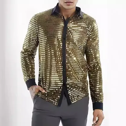 Men Sequin Disco Shirt Long Sleeve Metallic Shiny Performance Party Shirt With Contrast Collar Button Down Top