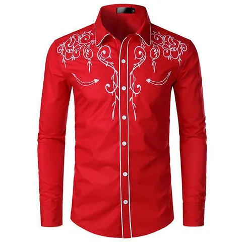 Men Western Cowboy Style Embroidered Shirt Slim Fit Long Sleeve Button Up Top Contrast Piping Floral Pattern Casual Shirt