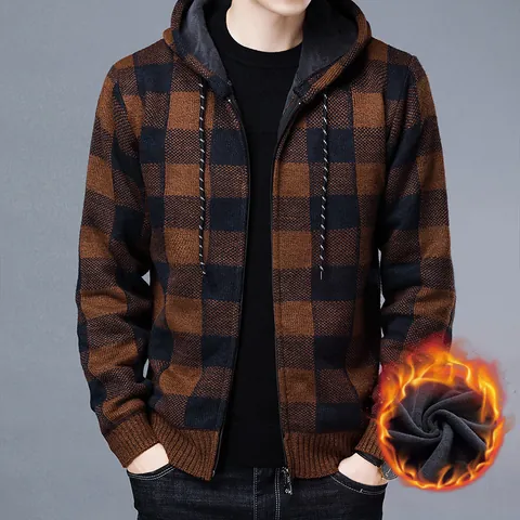 Men Plaid Hooded Knit Cardigan Sweater Fleece Lined Thick Jacket Winter Warm Heavyweight Outerwear Polyester Casual Top