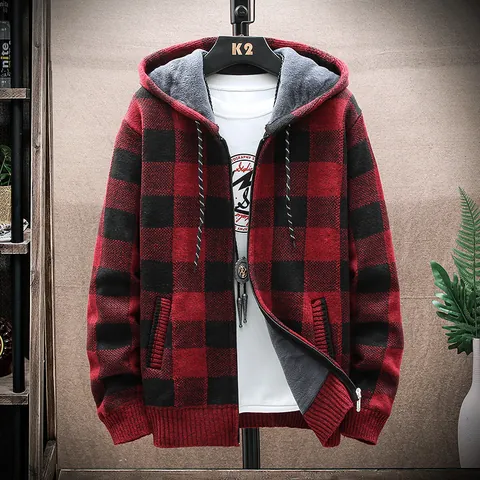 Men Plaid Knit Cardigan Hoodie Thick Fleece Lined Zipper Jacket Rabbit Hair Blend Casual Autumn Winter Warm Top