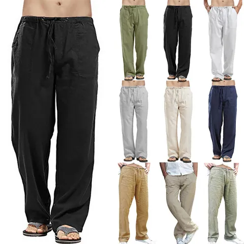 Herren Baumwolle Leinen Freizeithose Atmungsaktiv Kordelzug Elastische Taille Gerades Bein Hose Für Frühling Herbst Alltag