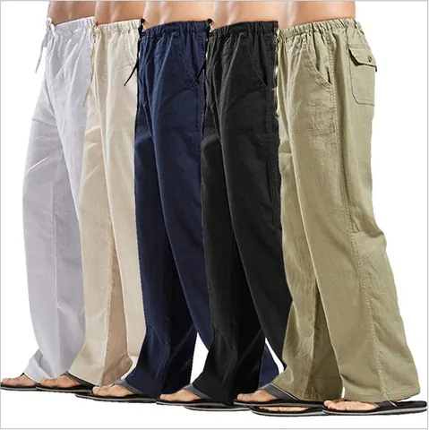 Herren Baumwolle Leinen Freizeithose Atmungsaktiv Kordelzug Elastische Taille Gerades Bein Hose Für Frühling Herbst Alltag